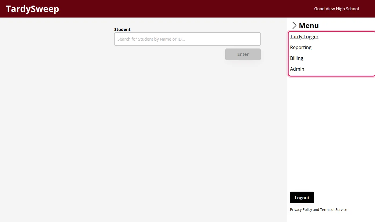 The menu for an admin also shows Billing and Admin.