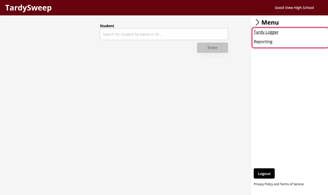 The menu for a Standard user: Tardy Logger and Reporting.