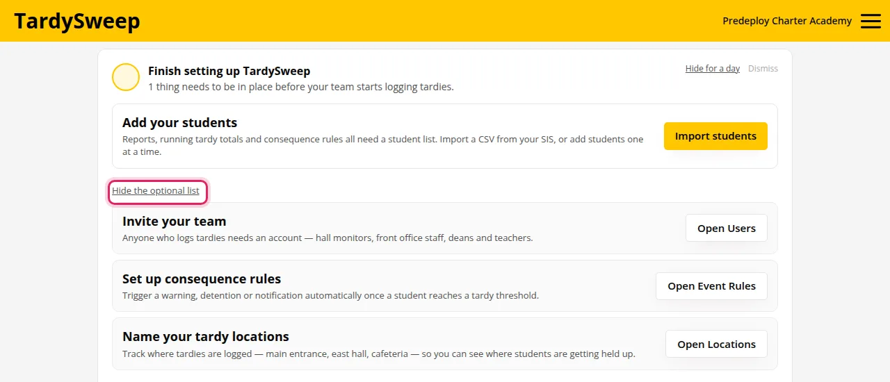 The optional list, opened. Click Hide the optional list to close it again.