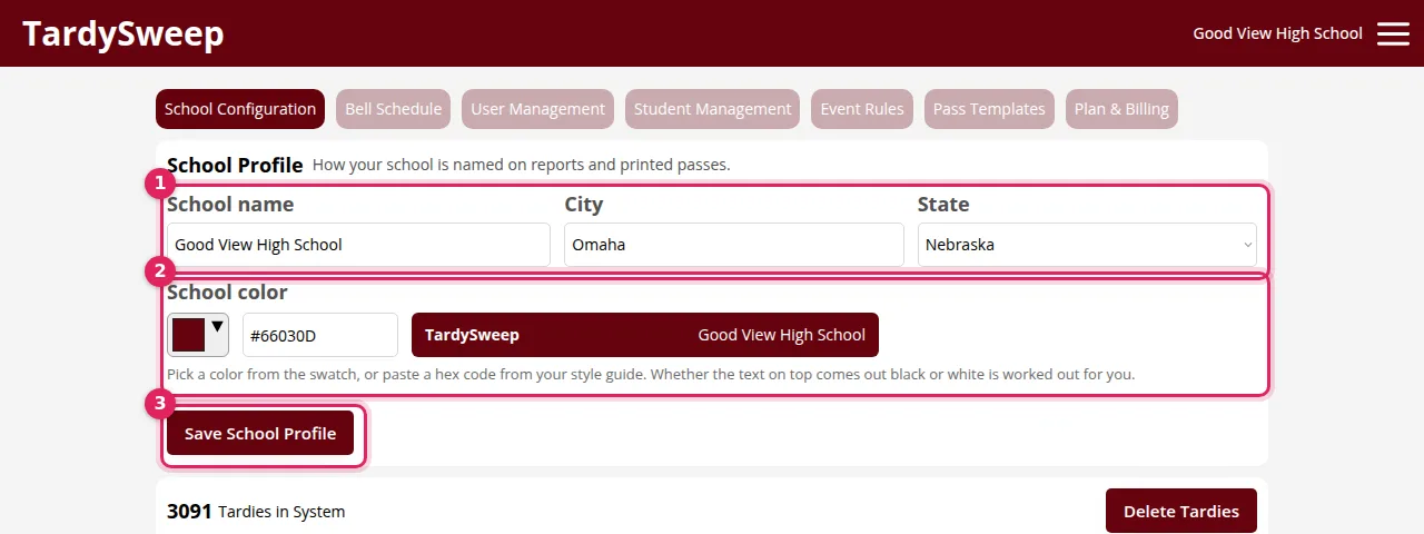 1: Name, city and state. 2: School color. 3: Save School Profile.