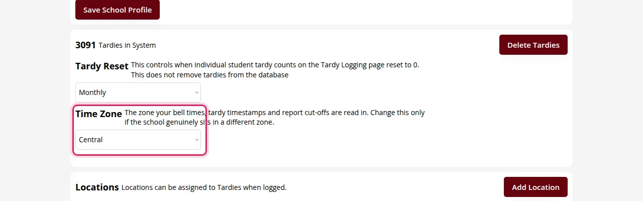 The Time Zone setting on the School Configuration tab.