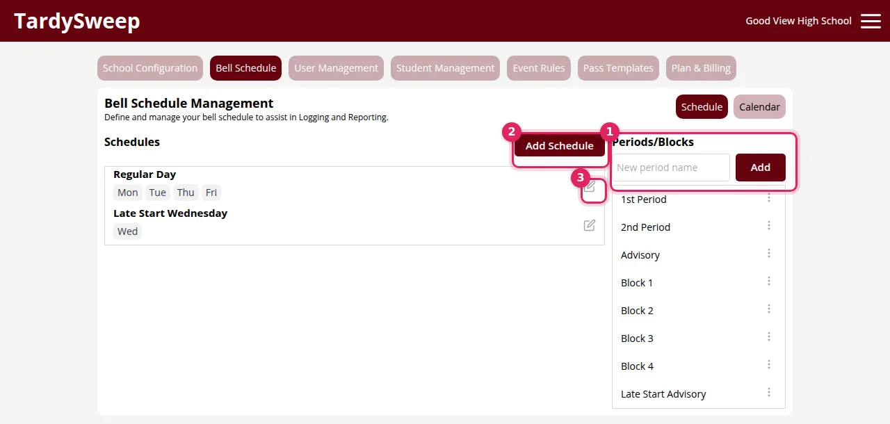 Bell schedules in TardySweep, with periods and start times