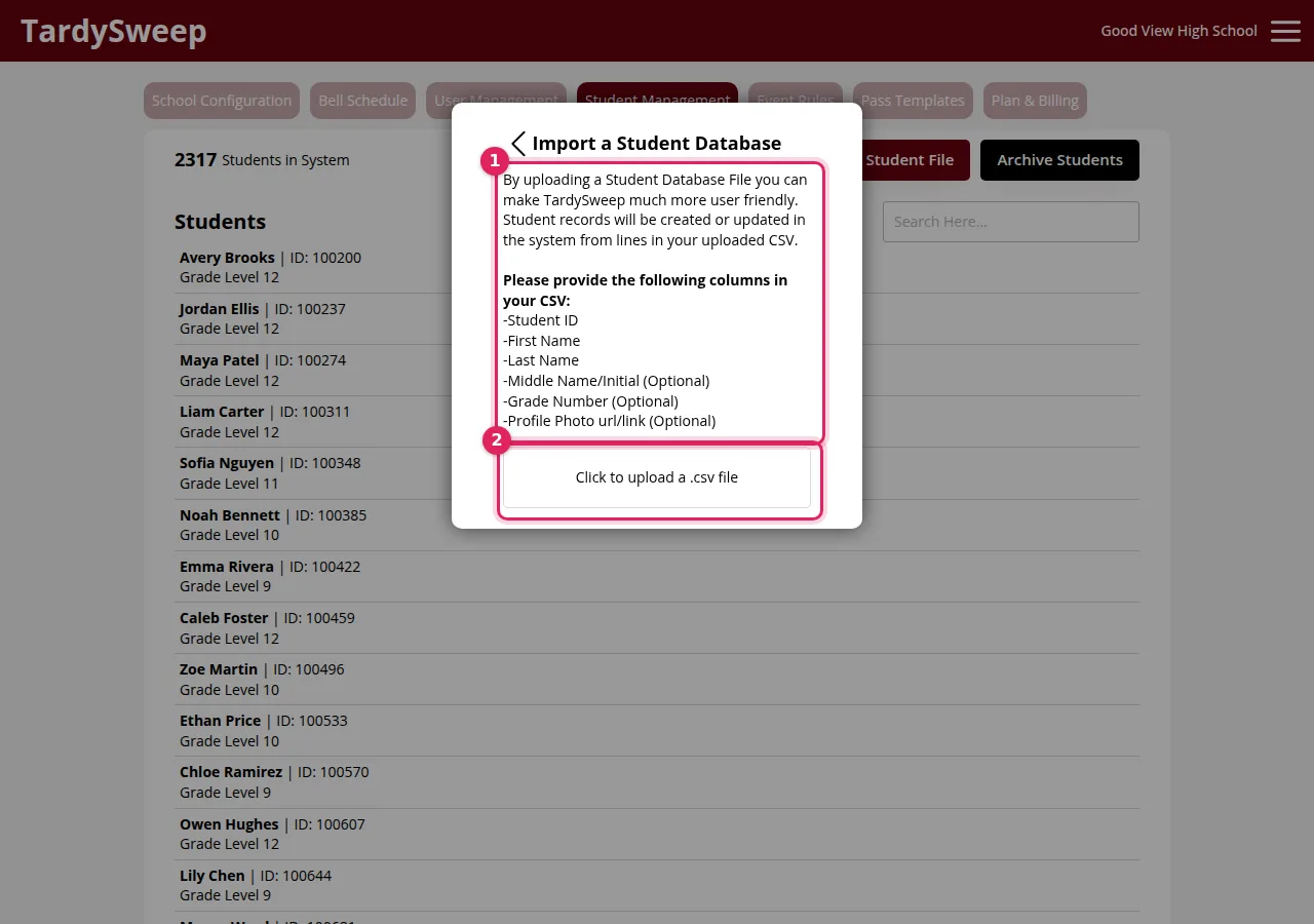 Uploading a student file in TardySweep