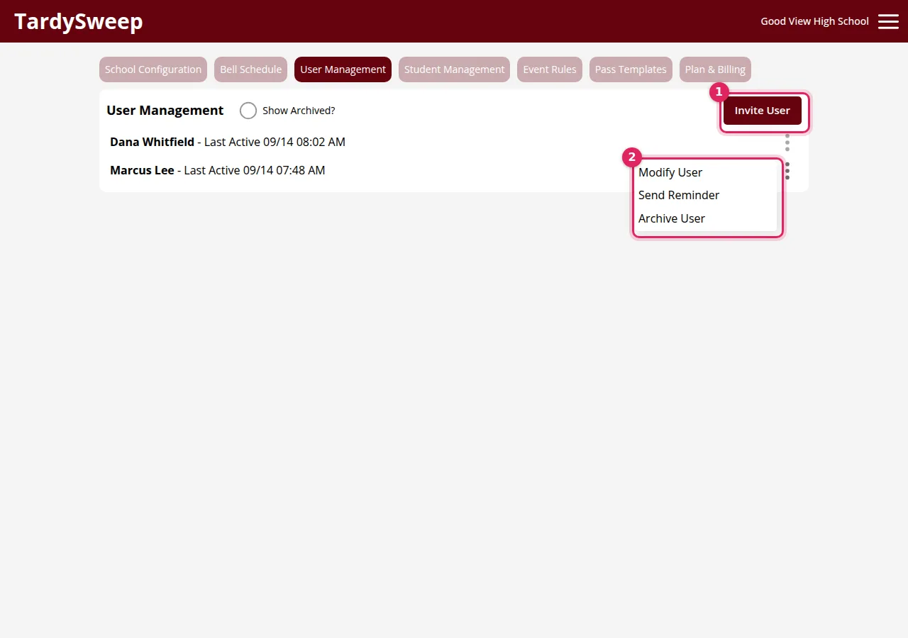 1: Invite User. 2: The ⋮ menu for each person.