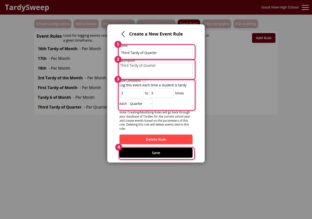 Editing an Event Rule in TardySweep: name, description and rule conditions
