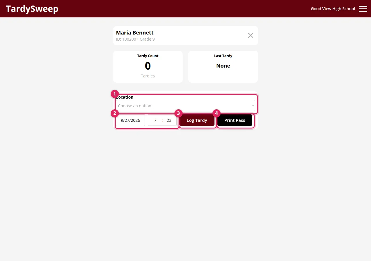 The TardySweep student card after a scan, with location, date and time, Log Tardy and Print Pass
